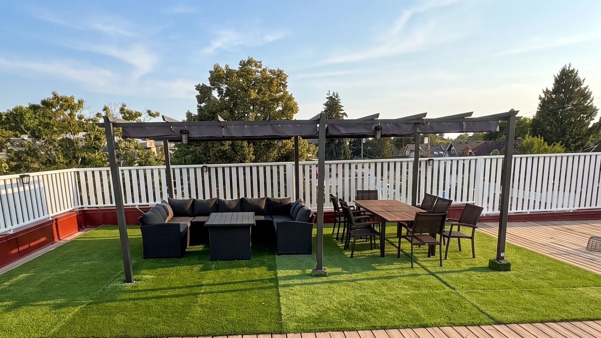 Golden Hour HQ private rooftop terrace at golden hour, with pergola lounge and dining for eight