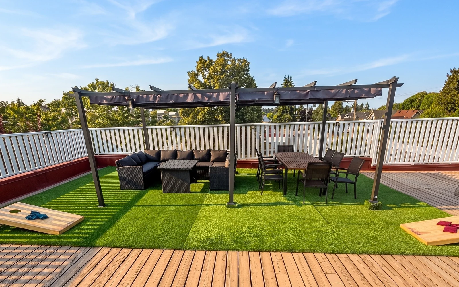 Private rooftop terrace with pergola, dining and lounge seating